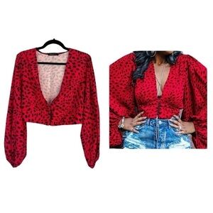 Balloon Sleeve Button Front Crop Top Red Leopard Print Gillian Blouse